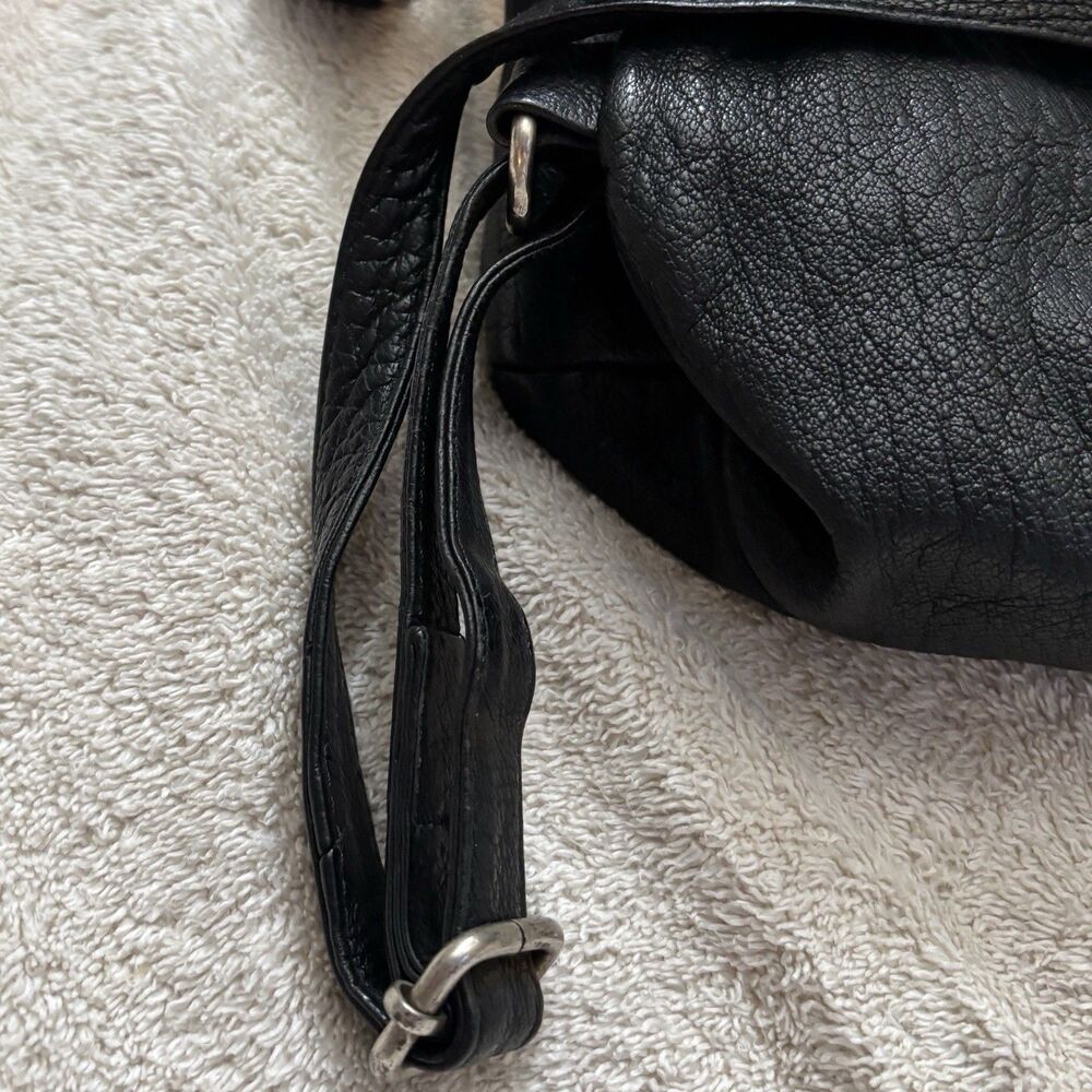 Vintage Black Leather Backpack Drawstring Sack Style Back Zip Pocket Distressed - Picture 11 of 12
